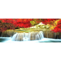 Картина для выкладывания круглыми камнями стразами пейзаж Водопад красные листья 92*30 см  алмазная мозаика