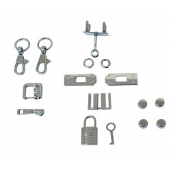 Набір фурнітури для сумки 15 предметів маленький колір срібло стійка, замочок, ремінь, карабін, люверси