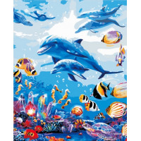 Картина для выкладывания круглыми камнями стразами животные Подводный мир дельфины 35*25 см  алмазная мозаика