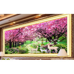 Набор для вышивки крестом  пейзаж цветущая аллея олени размер картины  90*45 см