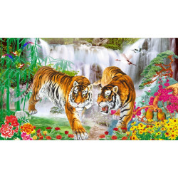 Набор для вышивки крестом  пейзаж тигры возле водопада 90*60см (размер картины  78*46см)