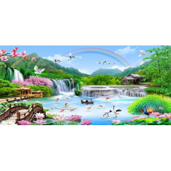 Набор для вышивки крестом  пейзаж радуга водопад птицы 100*55см (размер картины  89*44см)